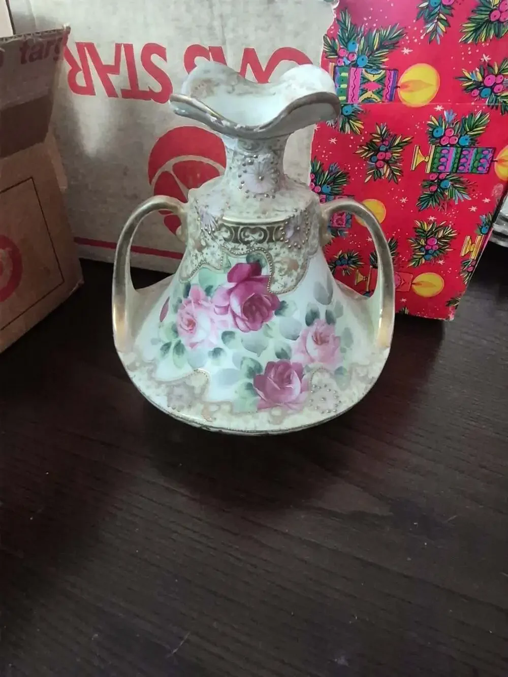 Nippon Hand Painted Moriage Rose Double Handle Vase